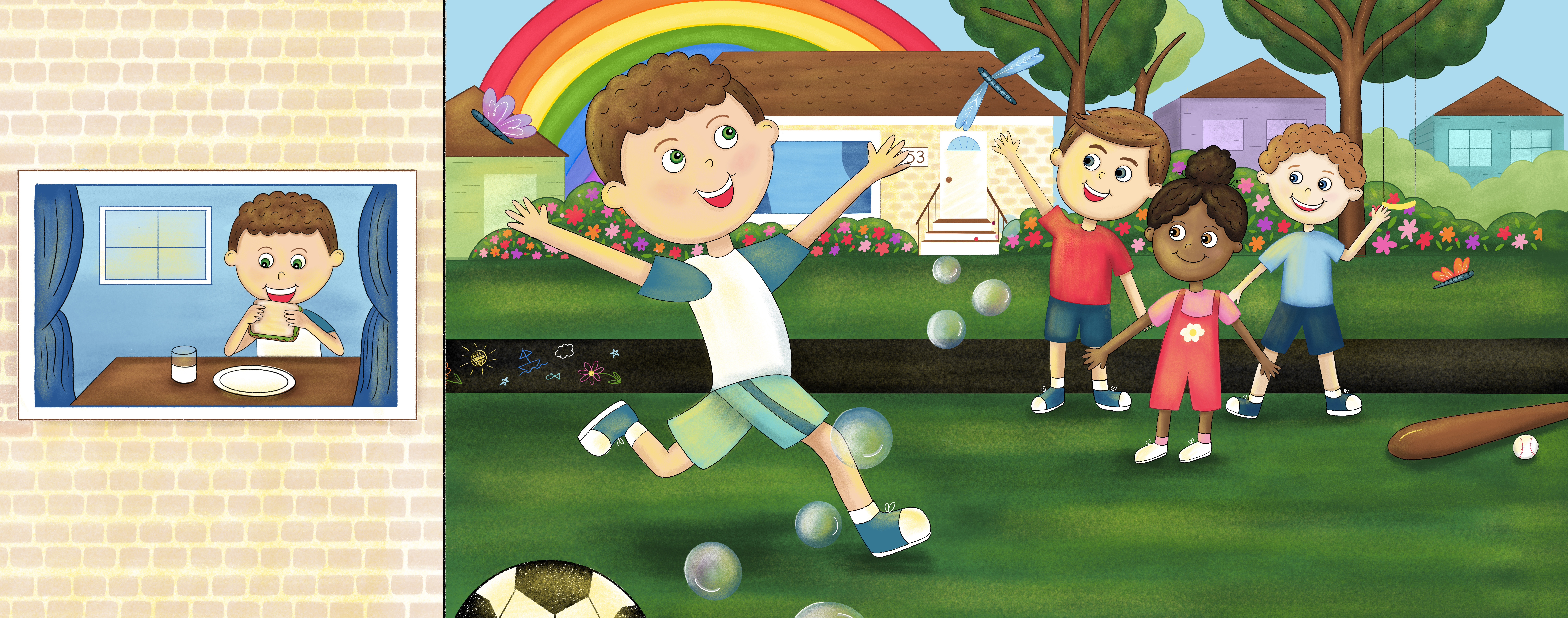 Jack runs out to play with friends under a rainbow