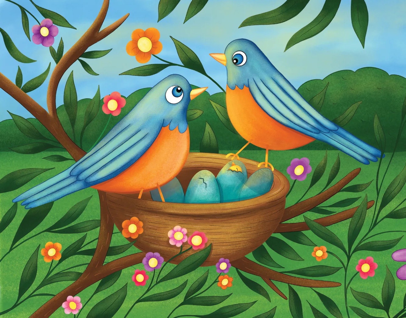 Blue robins' eggs in a nest among swaying plants