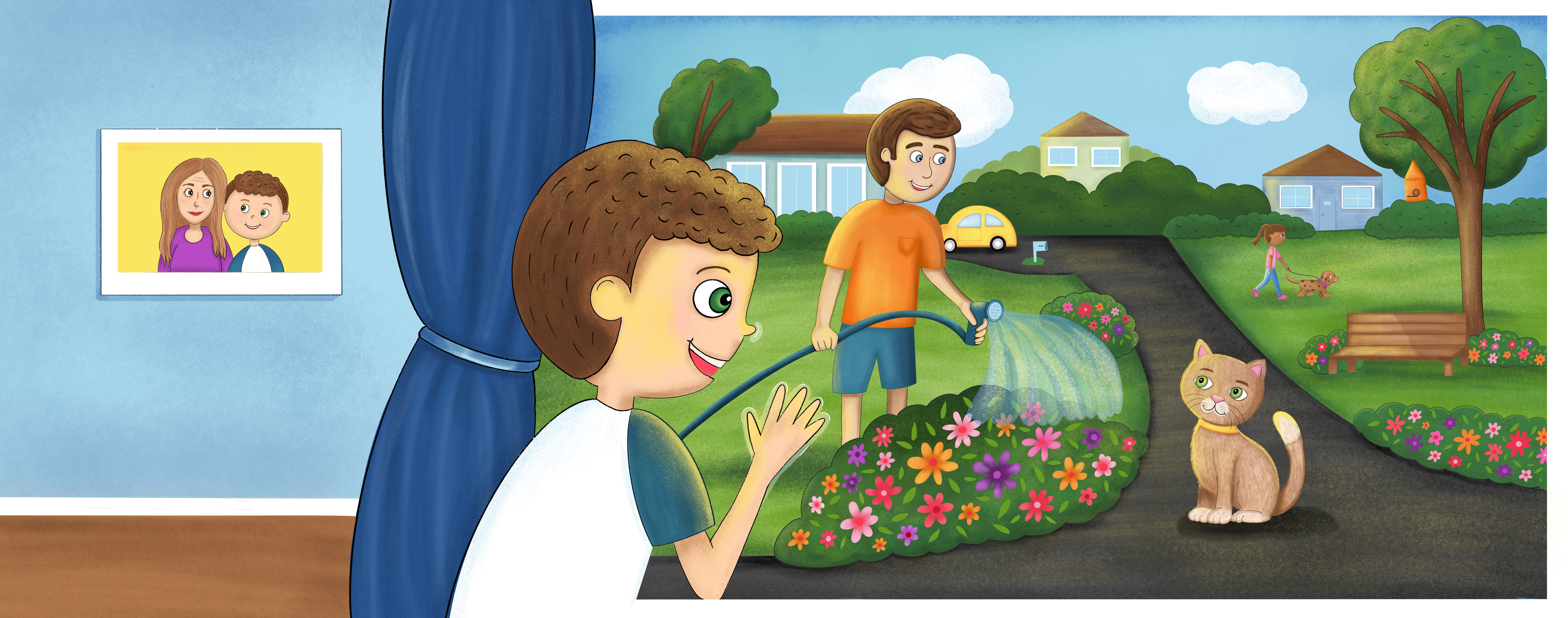 Jack peeks through the curtain as his brother waters the garden