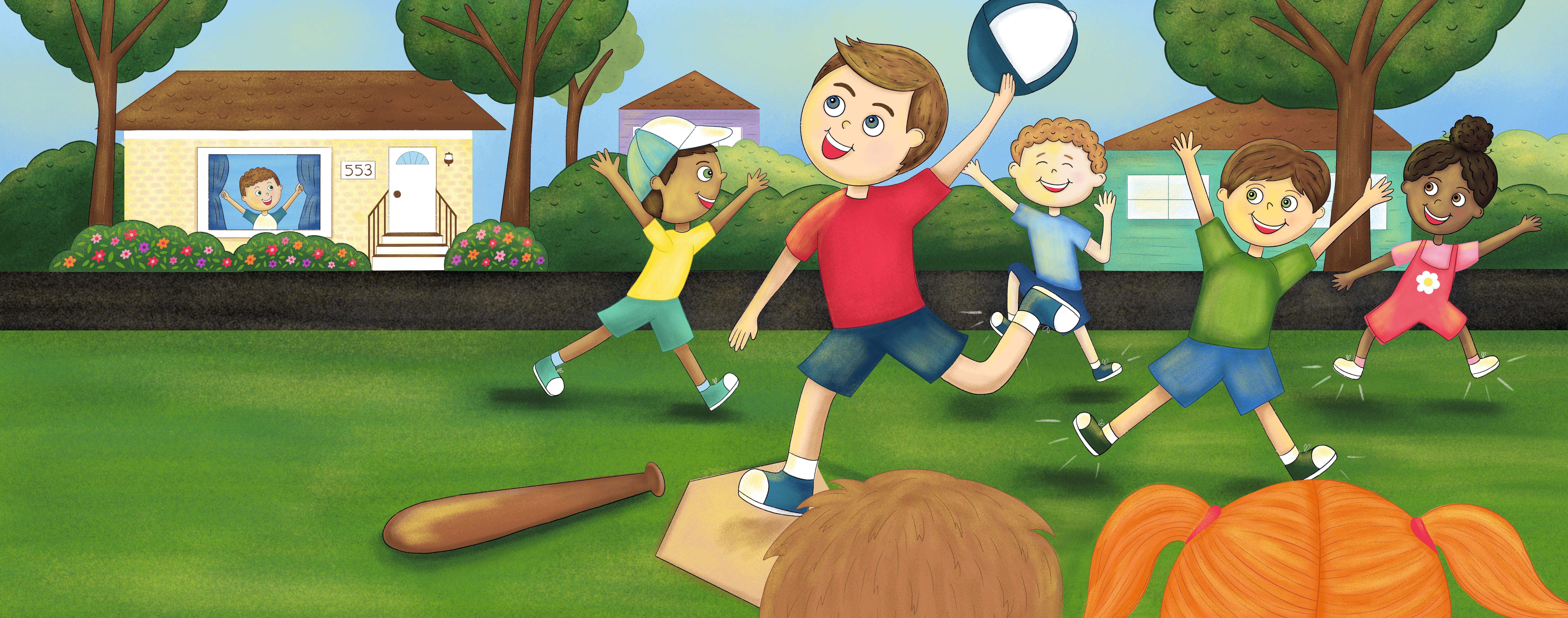 Jack leaps up with friends on a bright afternoon
