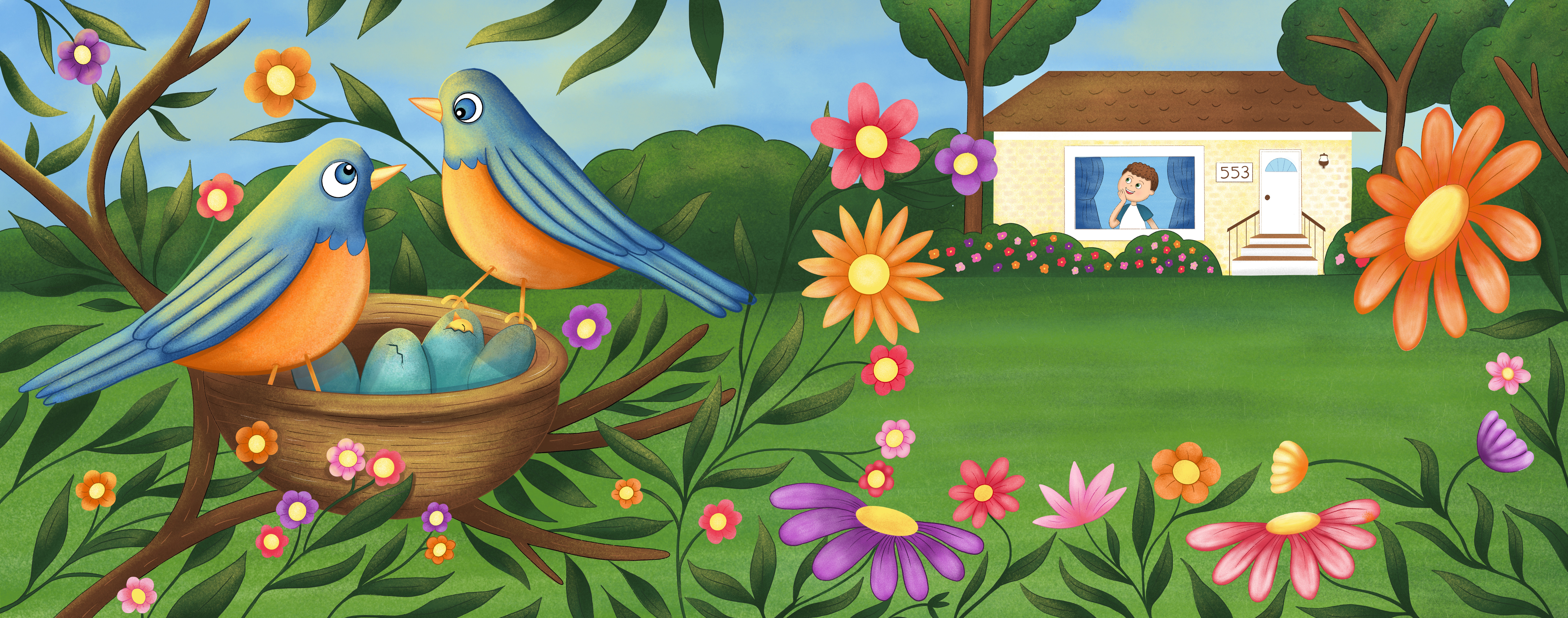 Bluebirds build a nest in the garden outside Jack's window