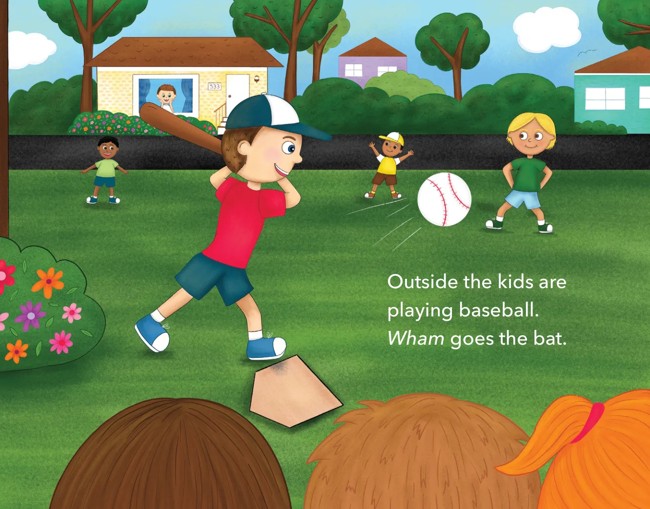 Kids playing baseball outside Jack's window