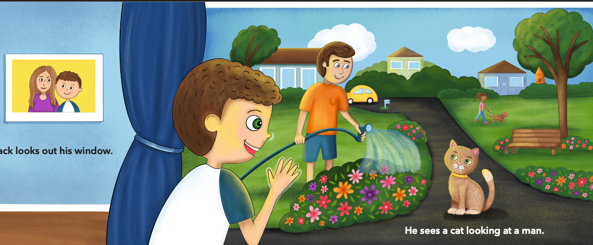 Jack observing a cat and man from his window - Illustrated by Taylor Lombardi