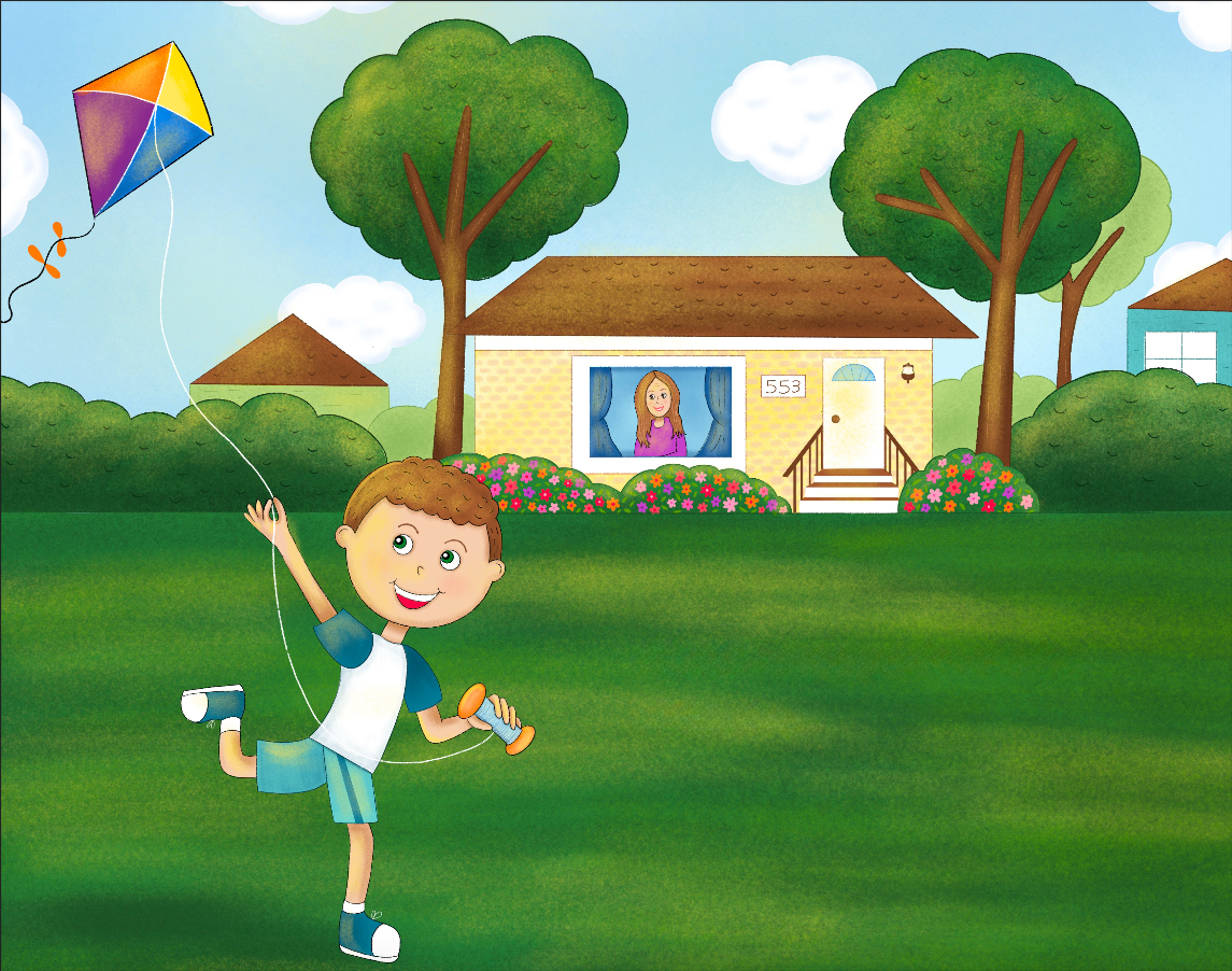 Jack with his kite outside, girl in window - The last page of Jack's Window by Nancy Coury, illustrated by Taylor Lombardi