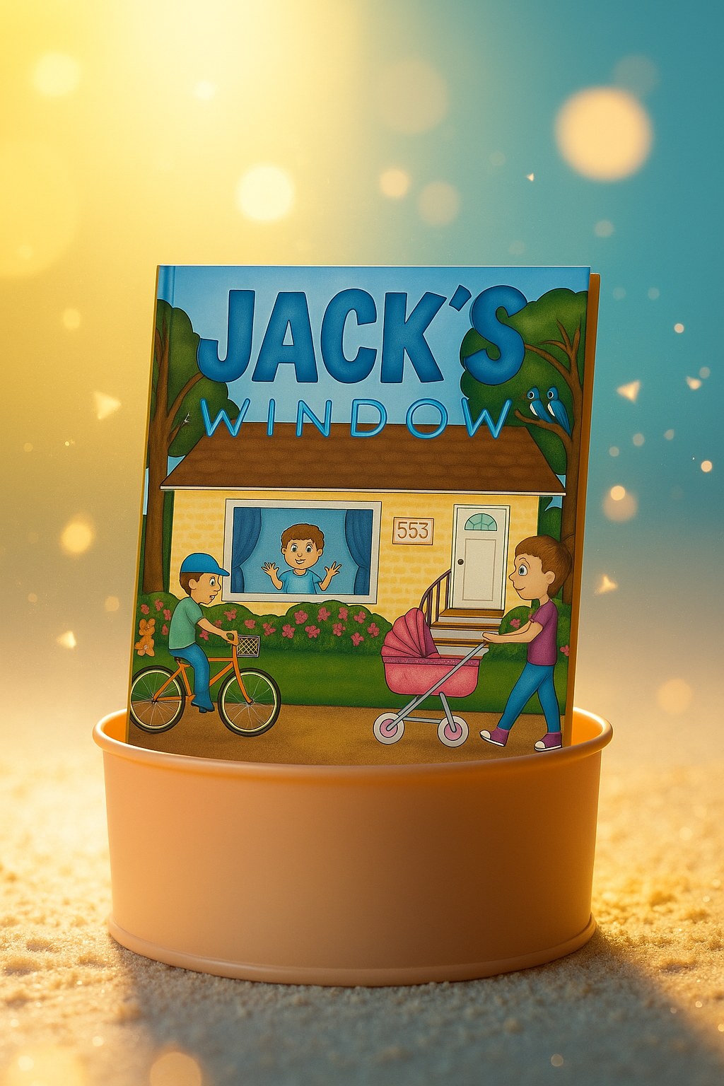 Jack's Window book displayed in a pot with neighborhood scene
